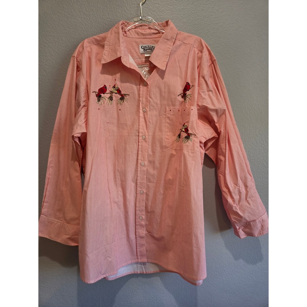 Country Store Button Down Women 2X Red Pinstripe Cardinal Embroidered vintage